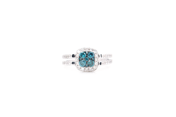 Blue and White Diamond Cushion Cut Illusion Halo Flip Ring