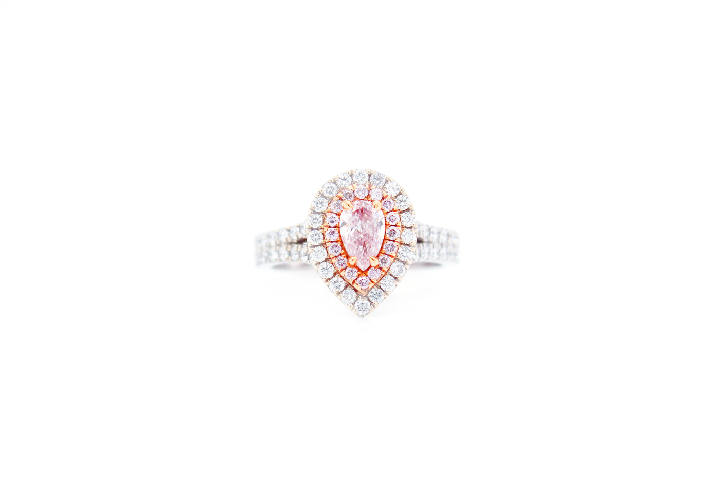 Natural Fancy Pink Pear-Shaped Double Halo Split Shank Ring