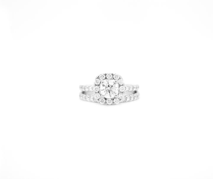Round Diamond in Cushion Halo Engagement Ring Bridal Set