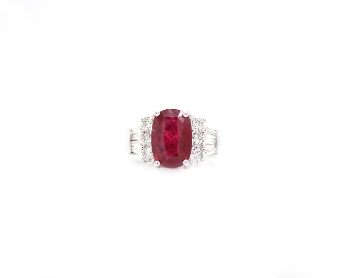 5.25ct Elongated Oval Cut Burmish Ruby and Diamond Ring