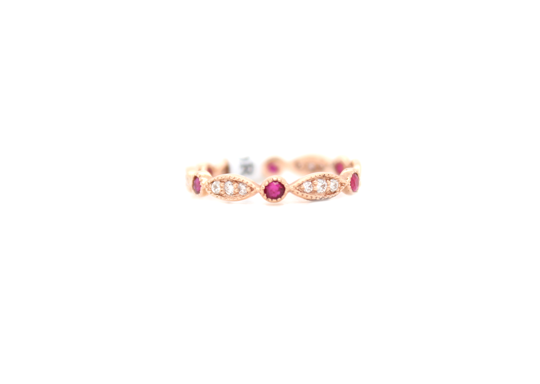 Marquise Shape Diamond and Ruby Ring with Milgrain Edges