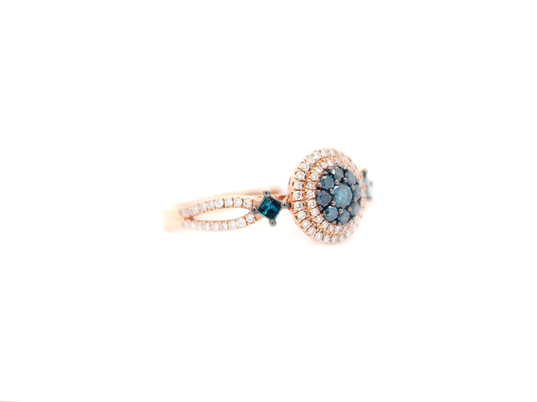 Blue Round Diamond Cluster Illusion Double Halo Ring