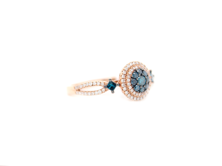 Blue Round Diamond Cluster Illusion Double Halo Ring