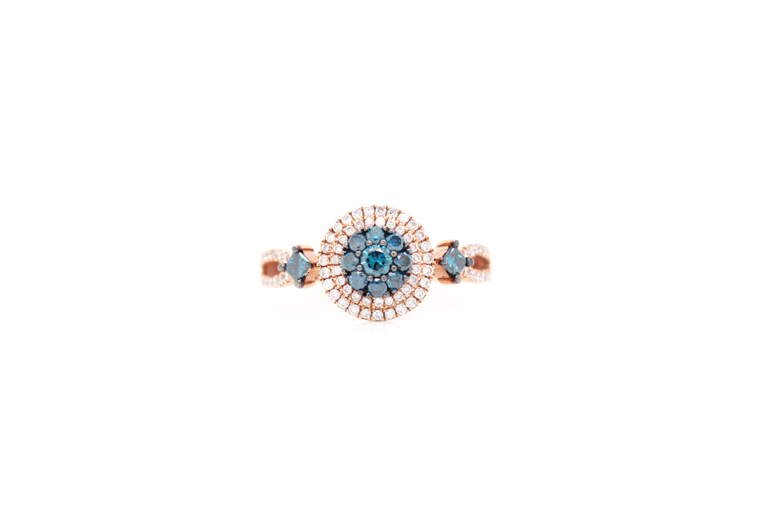 Blue Round Diamond Cluster Illusion Double Halo Ring