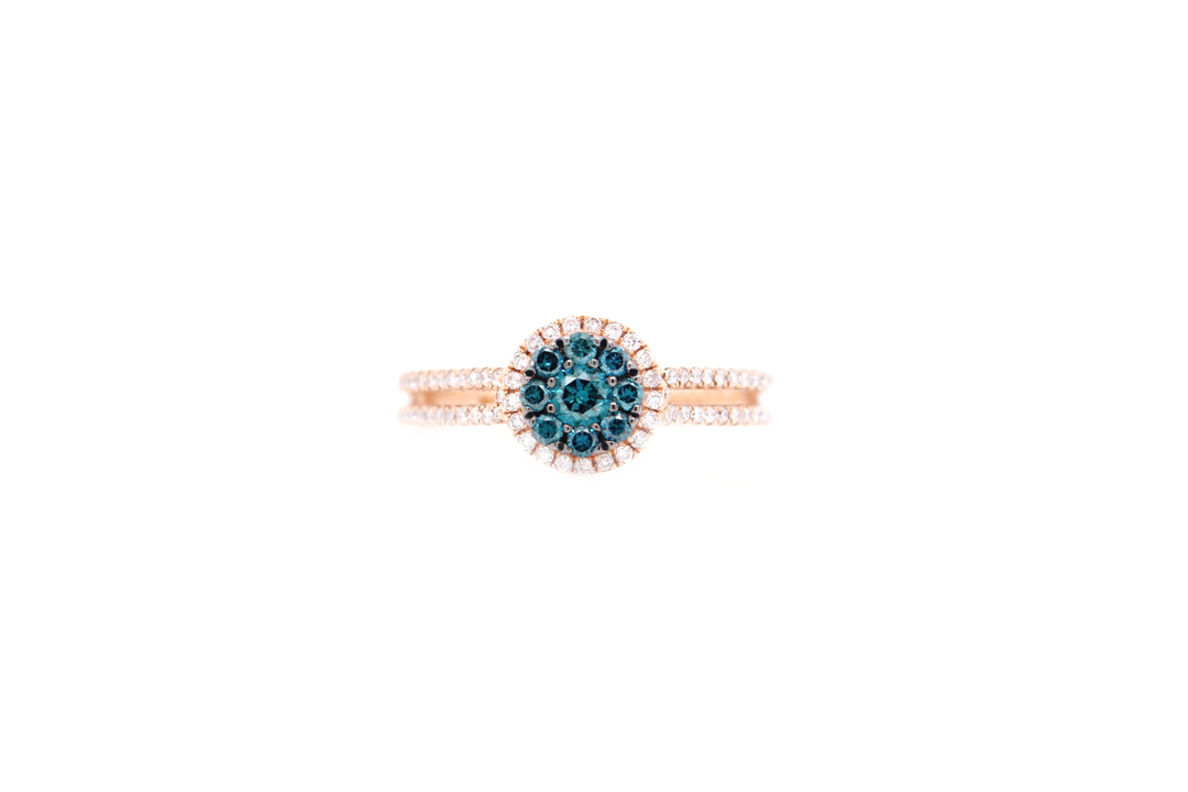 Blue Round Diamond Cluster Illusion Halo Split Shank Ring