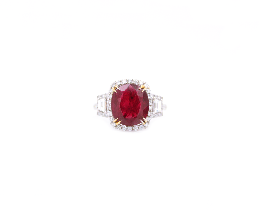 3ct 3-Stone Oval Cut Burmish Ruby Halo and Diamond Ring