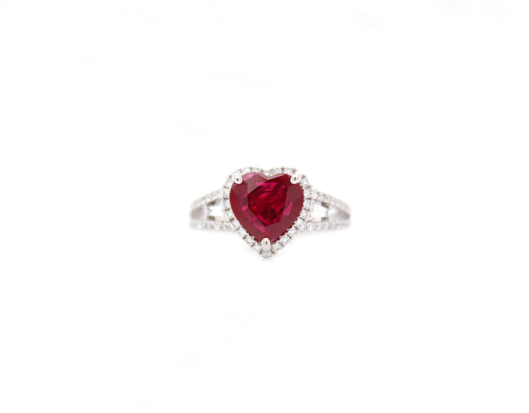 2ct 3-Stone Heart-Shaped Ruby Halo with Tapered Baguettes Split Shank Ring