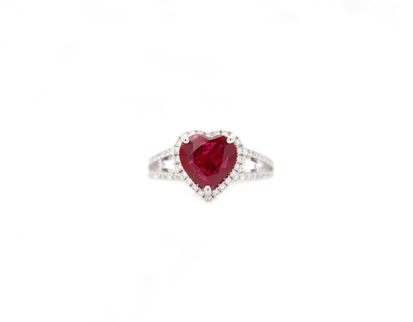 2ct 3-Stone Heart-Shaped Ruby Halo with Tapered Baguettes Split Shank Ring