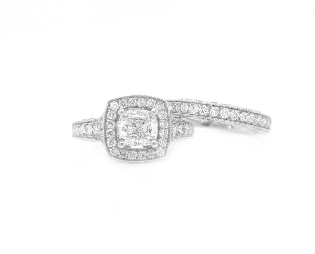 Cushion Cut Diamond Halo Engagement Ring Bridal Set