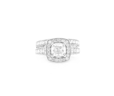 Cushion Cut Diamond Halo Engagement Ring Bridal Set