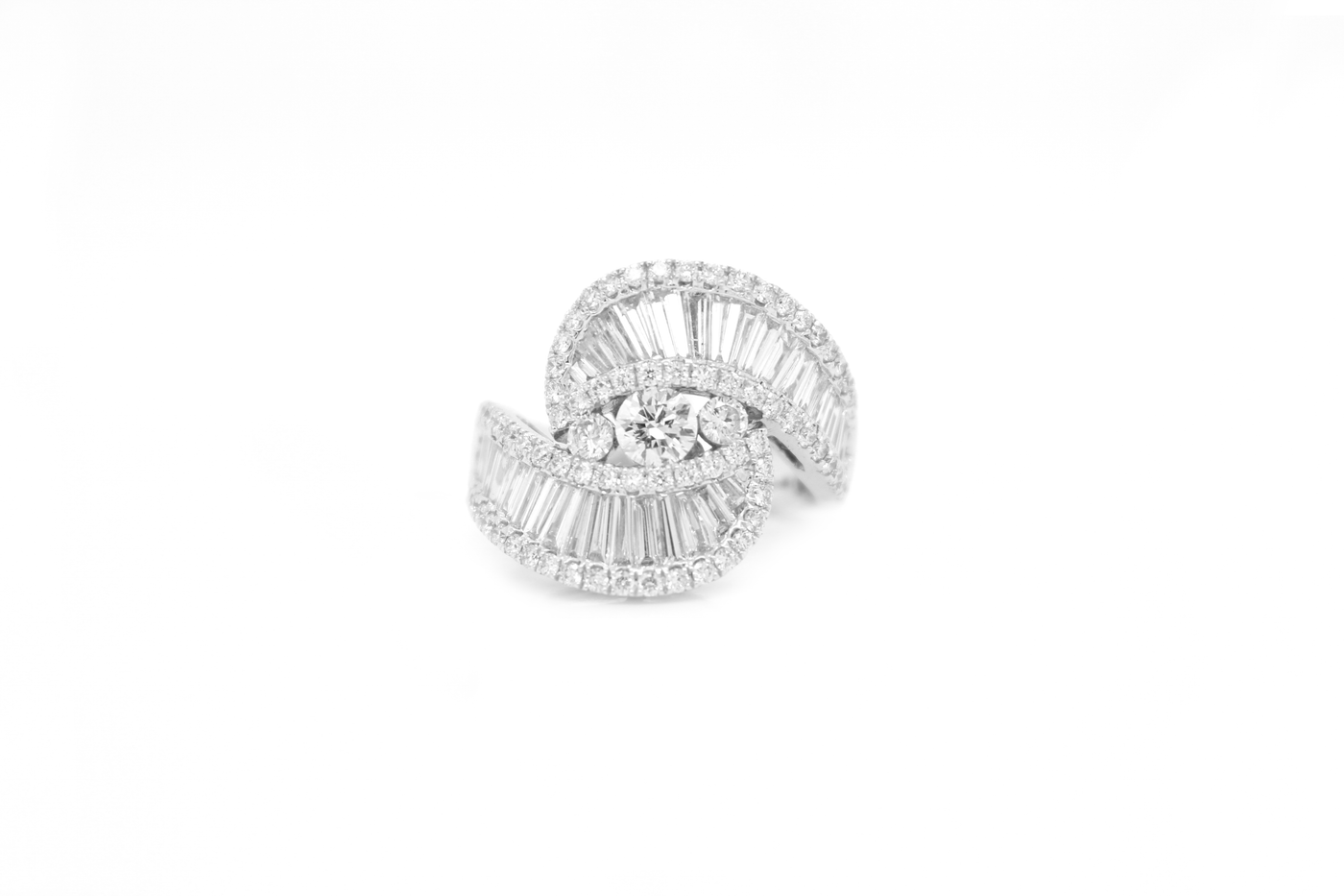Wide Baguette and Round Diamond Swirl Ring