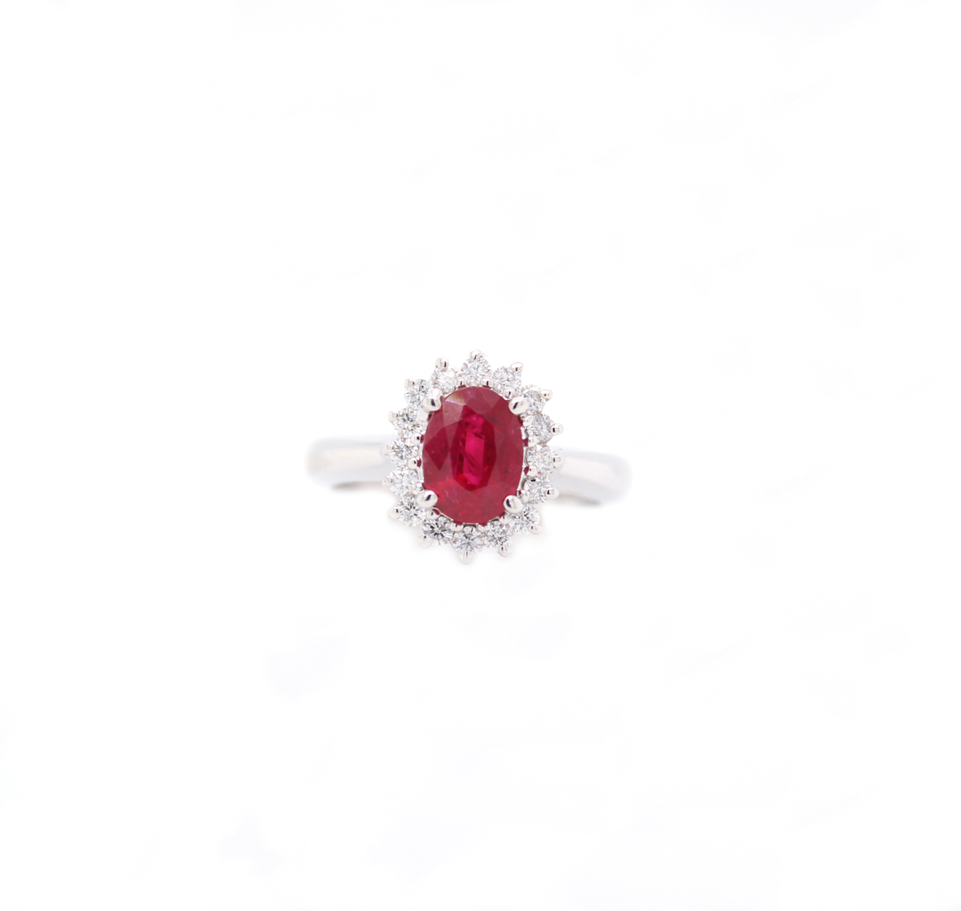 1.30ct Oval Cut Burmish Ruby and Diamond Halo Ring
