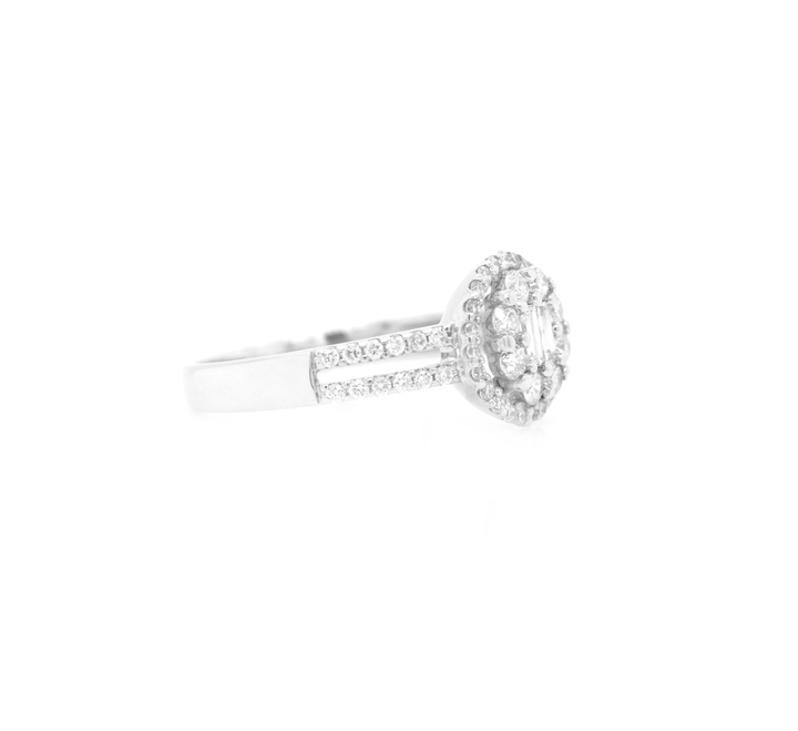 Round Diamond Cluster Illusion Halo Split Shank Engagement Ring