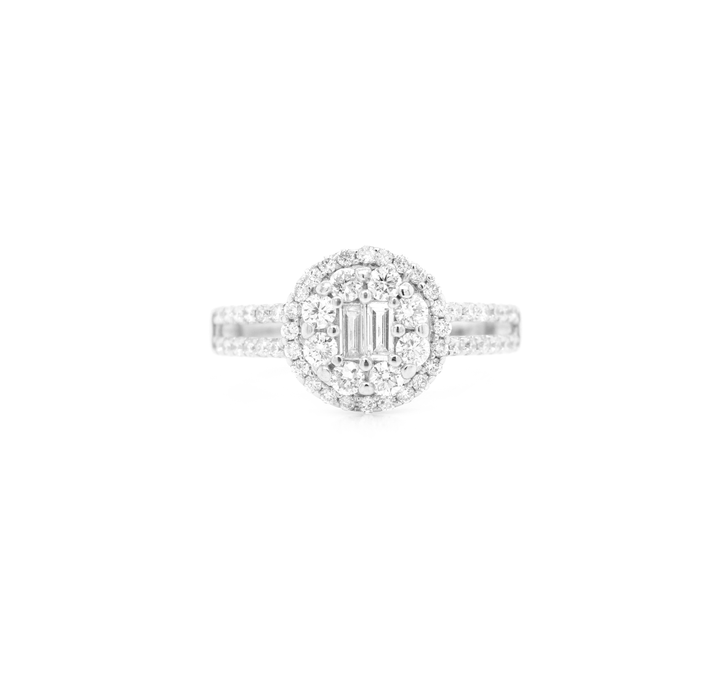 Round Diamond Cluster Illusion Halo Split Shank Engagement Ring