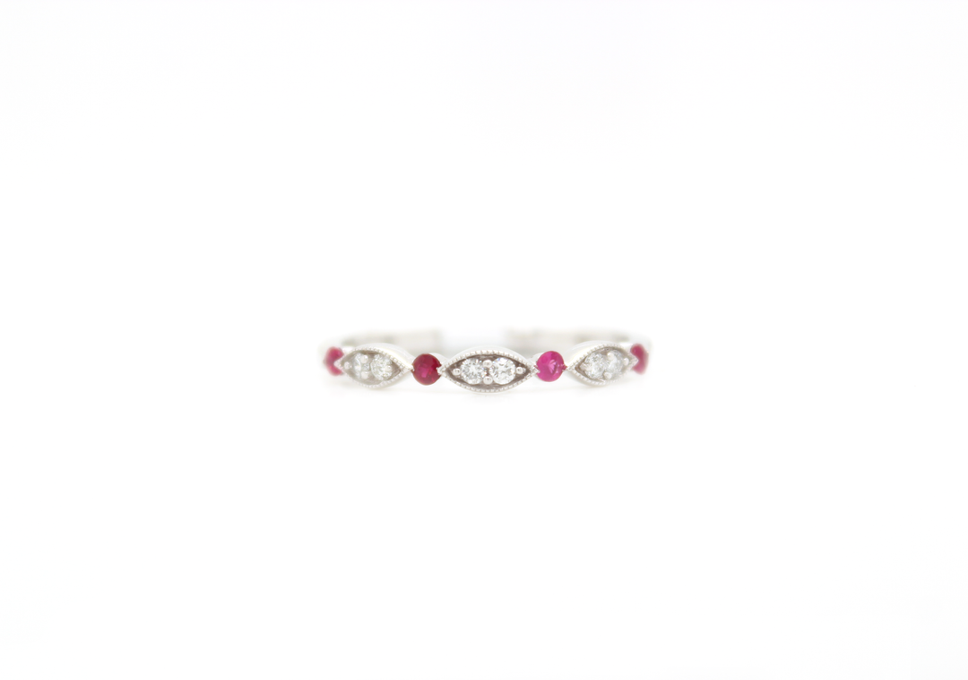 Marquise Shape Diamond and Ruby Ring with Milgrain Edges