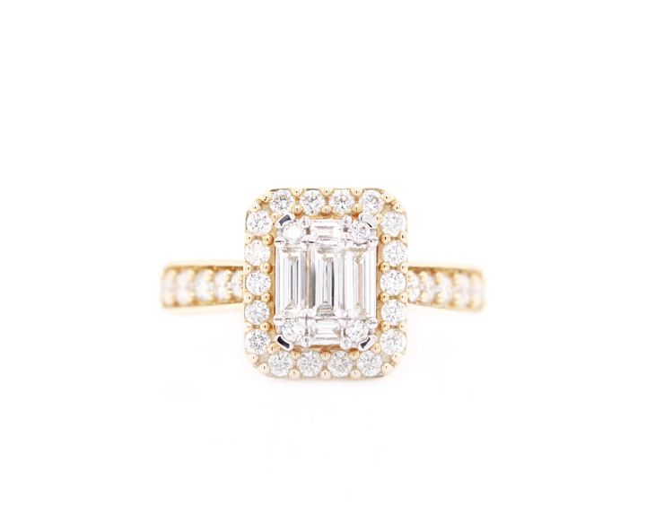 Emerald Cut Diamond Cluster Illusion Halo Engagement Ring