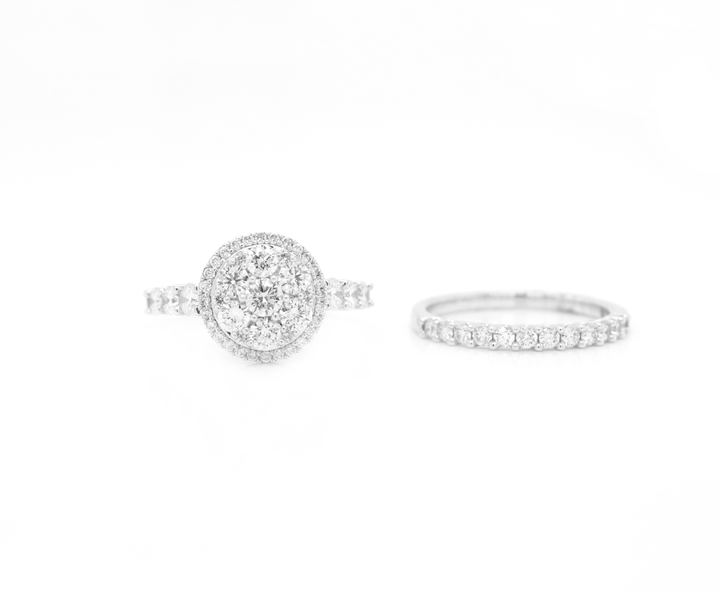 Round Diamond Cluster Illusion Halo Engagement Ring Bridal Set
