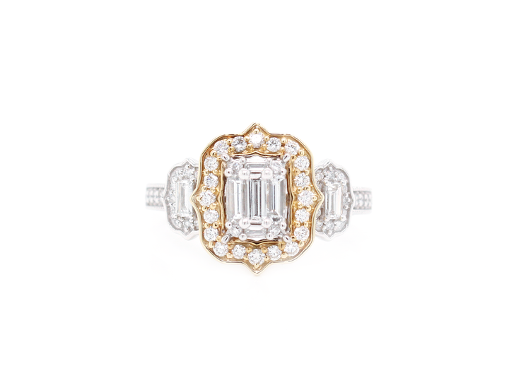 Emerald Cut Diamond Cluster Illusion Halo Engagement Ring