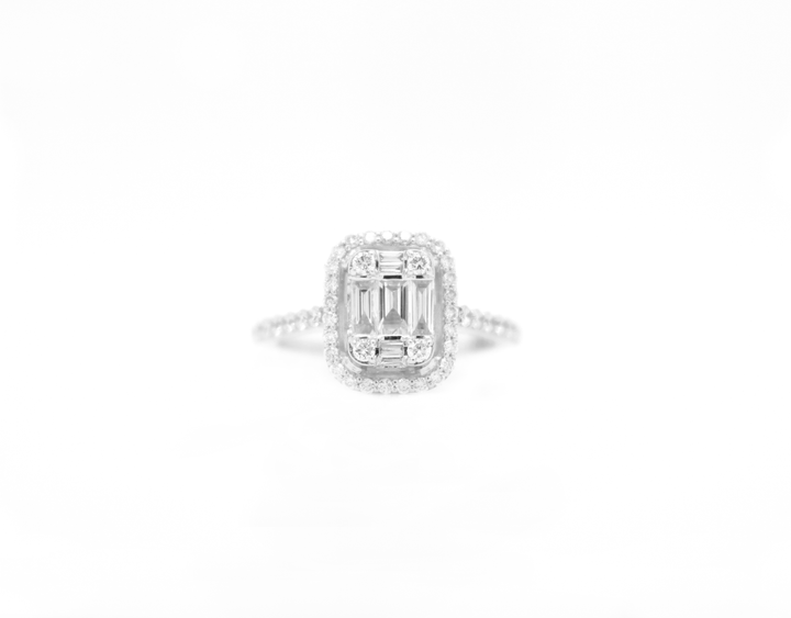 Emerald Cut Diamond Cluster Illusion Halo Engagement Ring