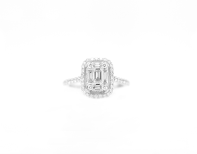 Emerald Cut Diamond Cluster Illusion Halo Engagement Ring