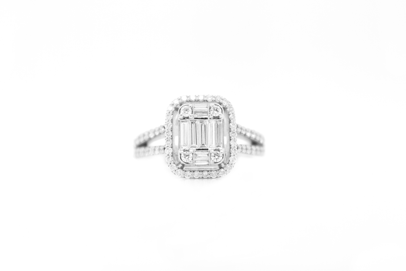 Emerald Cut Diamond Cluster Illusion Halo Split Shank Engagement Ring