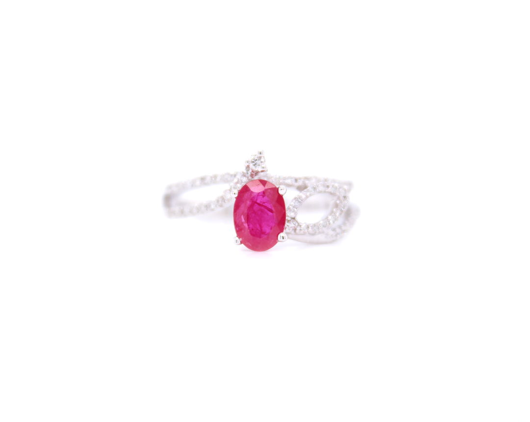 1.10ct Oval Cut Ruby and Diamond Open Leaf Ring