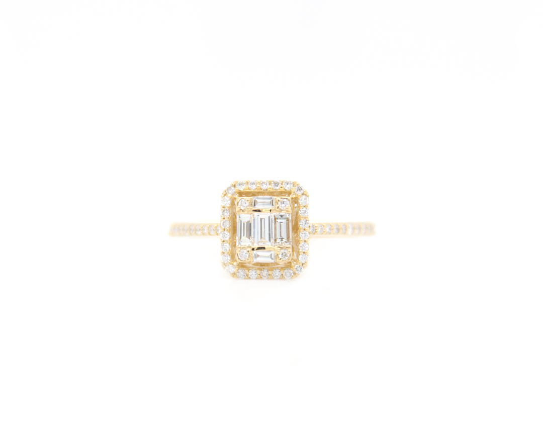 Emerald Cut Diamond Cluster Illusion Halo Engagement Ring