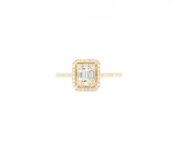 Emerald Cut Diamond Cluster Illusion Halo Engagement Ring