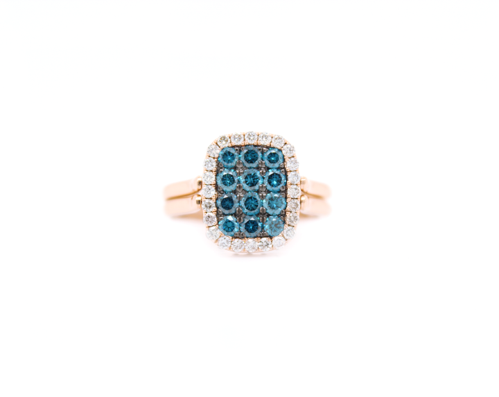 Blue and Brown Diamond Elongated Cushion Cut Illusion Halo Flip Ring