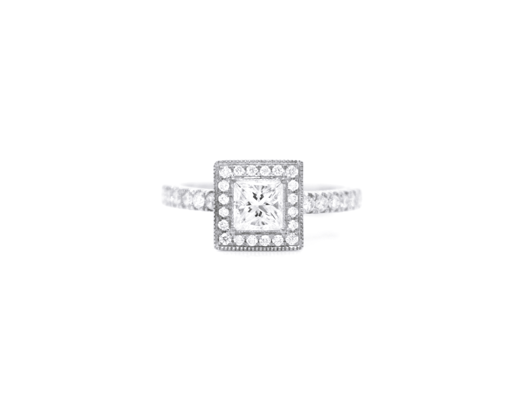Princess Cut Diamond Halo Engagement Ring with Milgrain Edges
