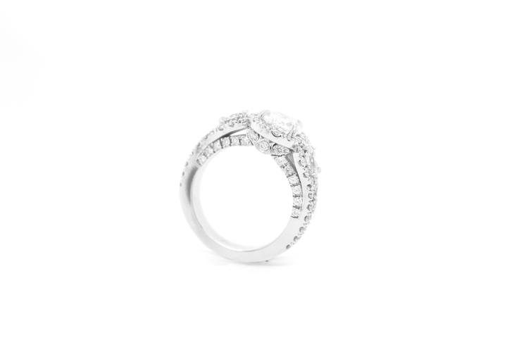 3 Stone Pear-Shaped Diamond Halo Engagement Ring