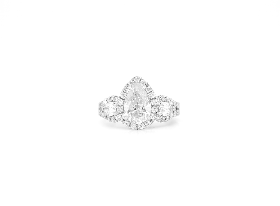 3 Stone Pear-Shaped Diamond Halo Engagement Ring
