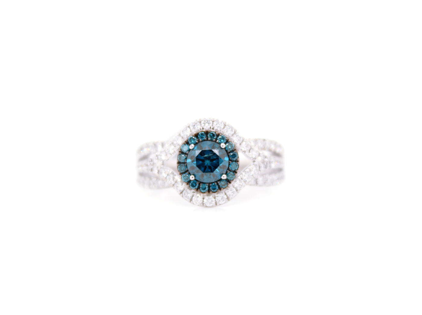 Natural Blue Round Diamond Double Halo Triple Row Shank Ring