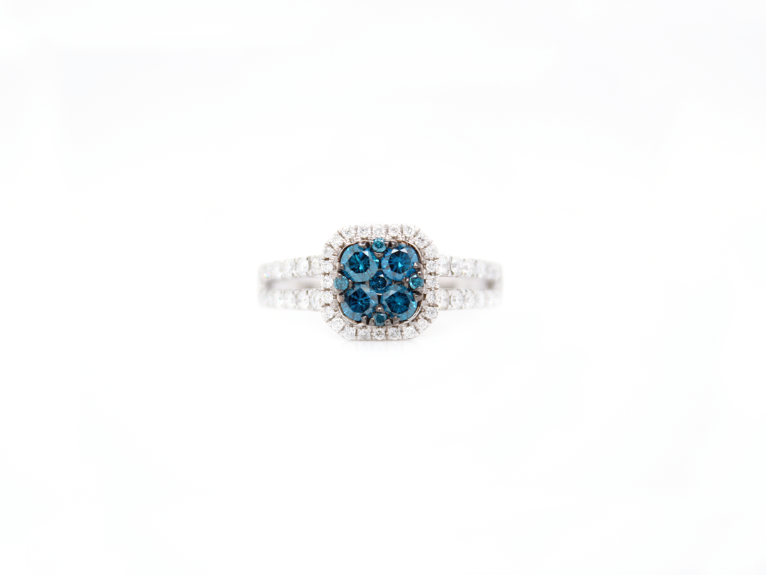 Blue Diamond Cushion Cluster Illusion Halo Split Shank Ring