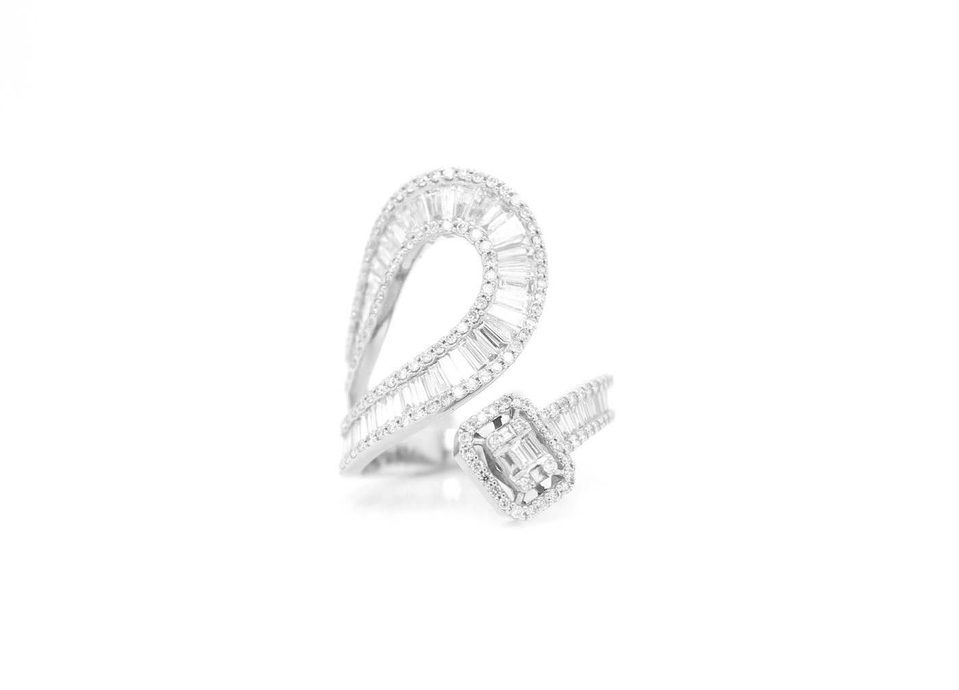 Baguette and Round Diamond Modern Bypass Ring