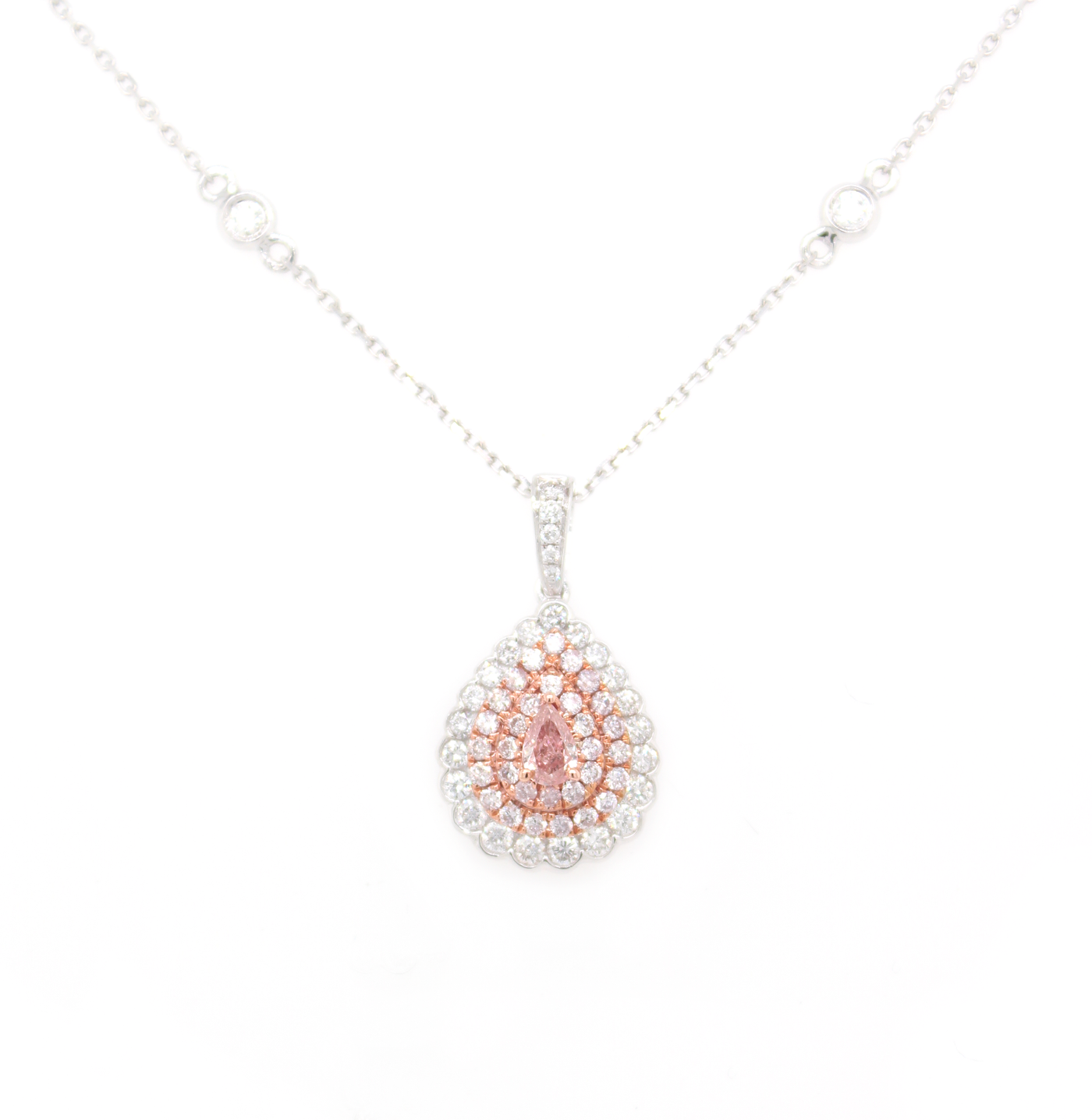 Natural Pink Pear-Shaped Triple Halo Necklace