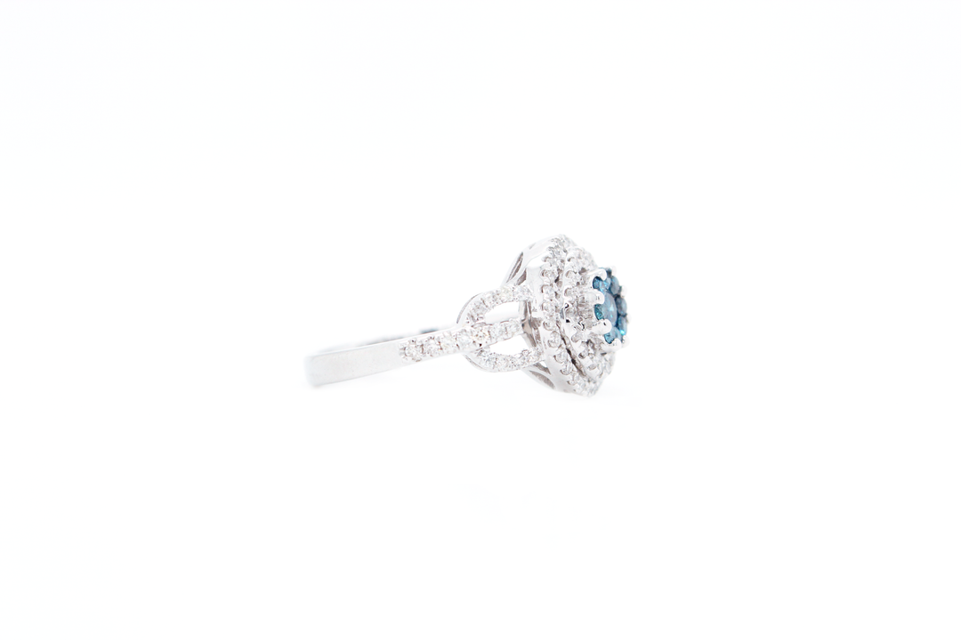 Blue Round Diamond Cluster Illusion Double Halo Ring