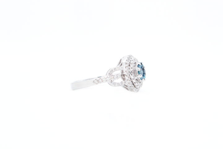 Blue Round Diamond Cluster Illusion Double Halo Ring