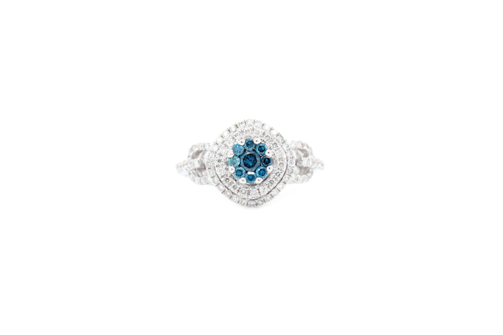 Blue Round Diamond Cluster Illusion Double Halo Ring