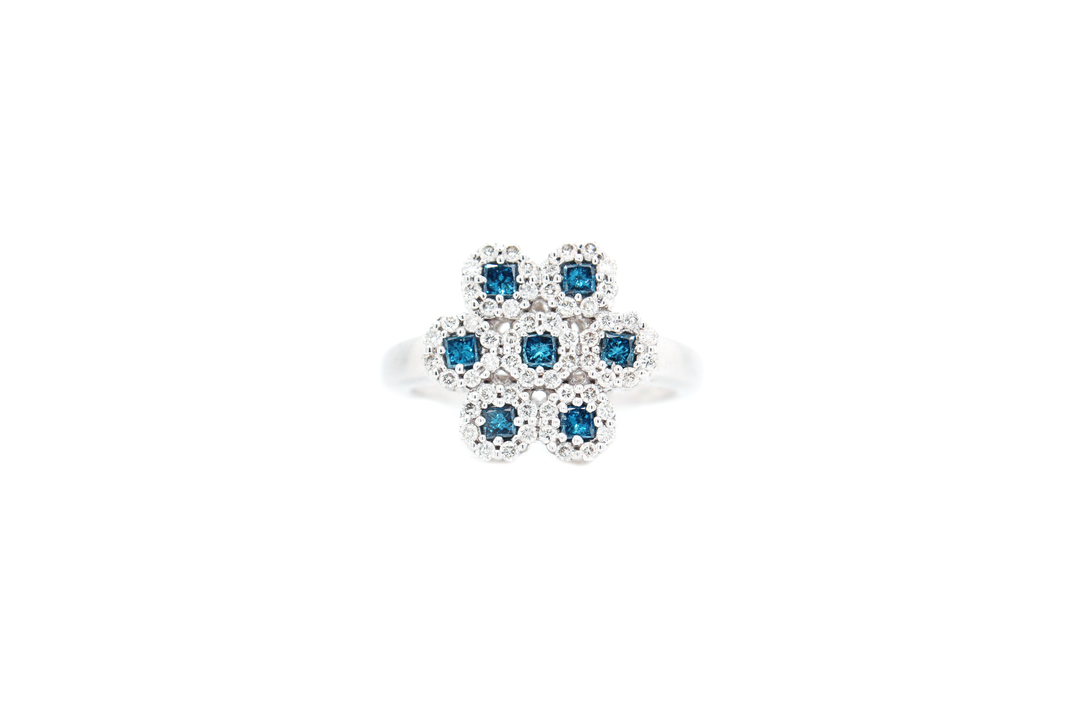 Blue Diamond Cluster Halo Floral Ring