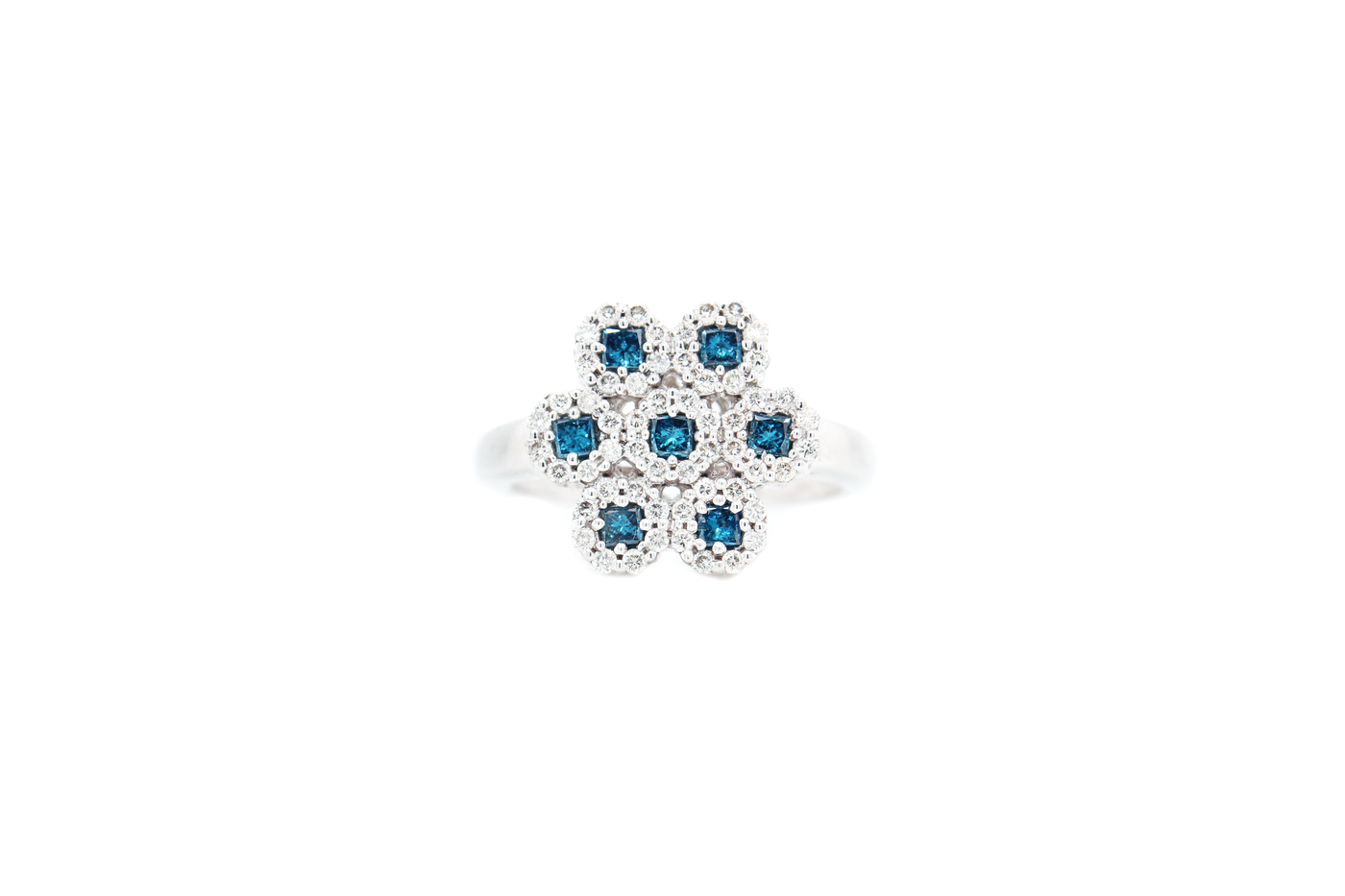 Natural Blue Diamond Cluster Halo Floral Ring